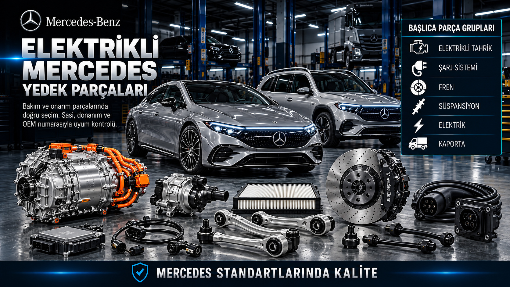 Elektrikli Mercedes araçlar için elektrikli tahrik, şarj, termal yönetim, fren, süspansiyon ve gövde parçaları