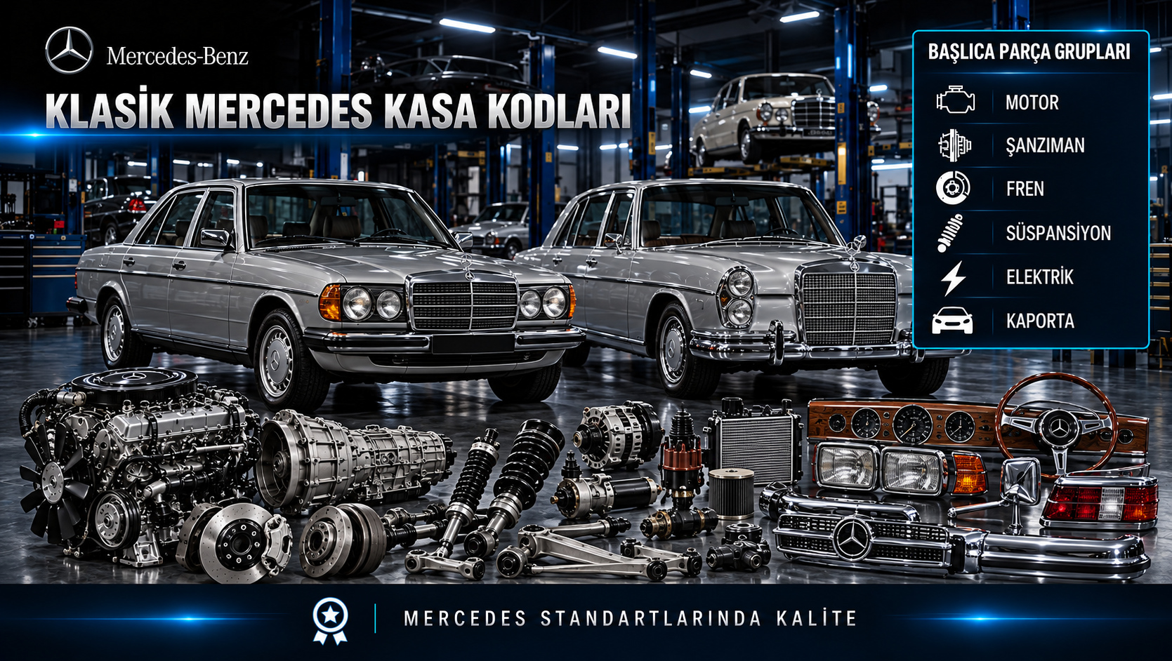 Klasik Mercedes araçlarda kasa seçimi, motor, bakım, fren ve gövde yedek parçaları