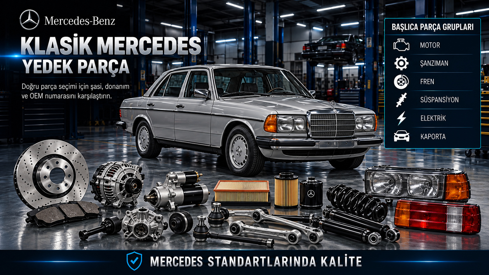 Klasik Mercedes motor, ateşleme, fren, süspansiyon ve restorasyon parçaları