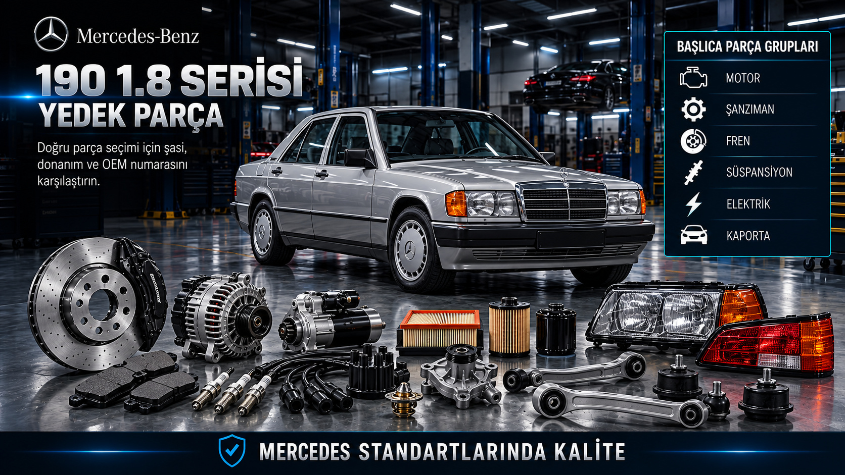 Mercedes 190 1.8 motor, yakıt, ateşleme, soğutma ve klasik gövde restorasyon parçaları