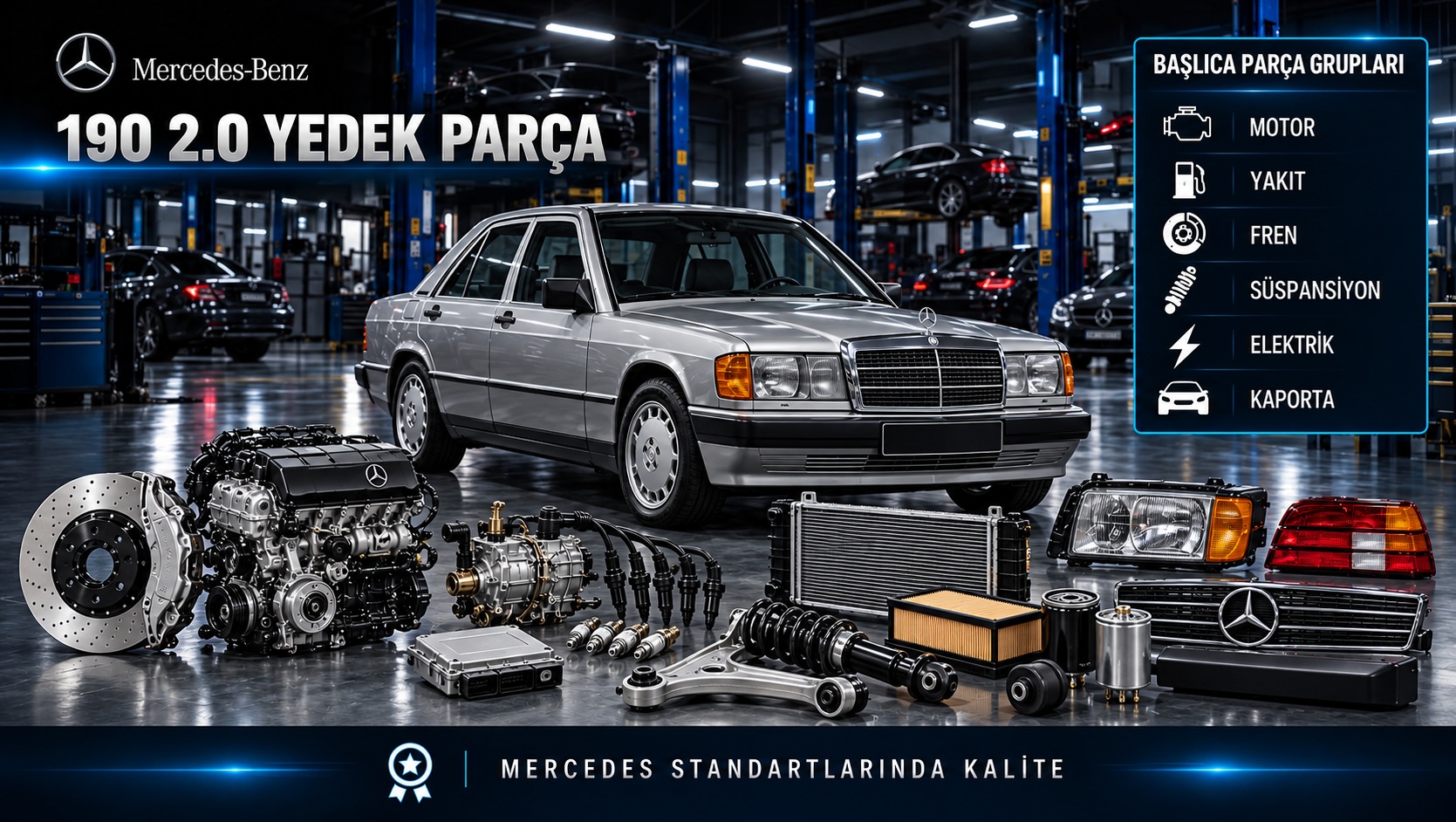 Mercedes-Benz 190 2.0 için klasik motor, bakım, fren ve gövde yedek parçalarını gösteren kategori bannerı