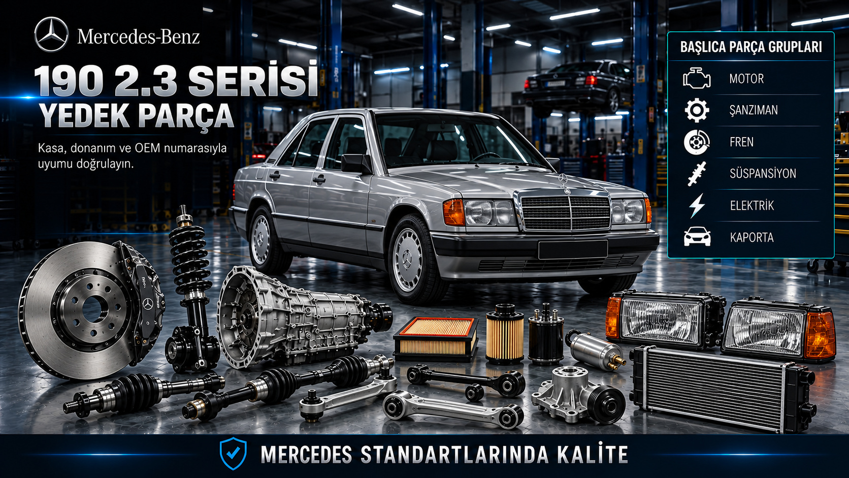 Mercedes 190 2.3 Serisi Yedek Parça kategori tanıtımı ve donanıma uygun ürün grupları