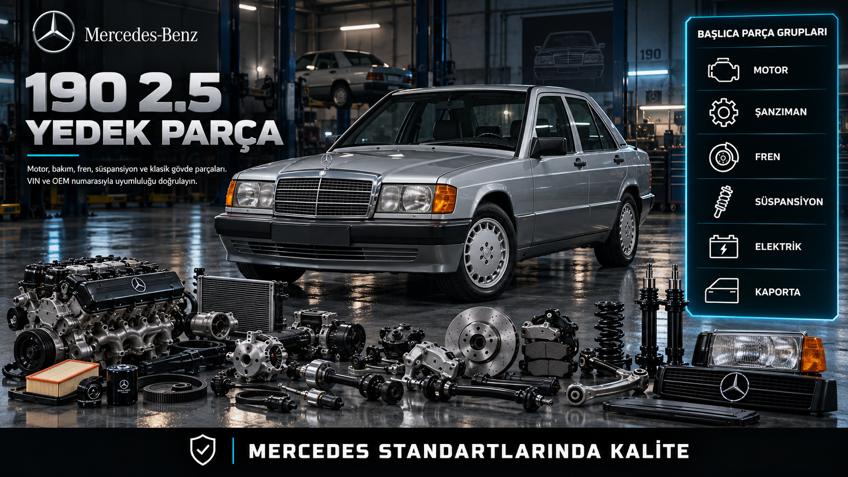 Mercedes-Benz 190 2.5 motor, bakım, fren, süspansiyon ve klasik gövde parçaları