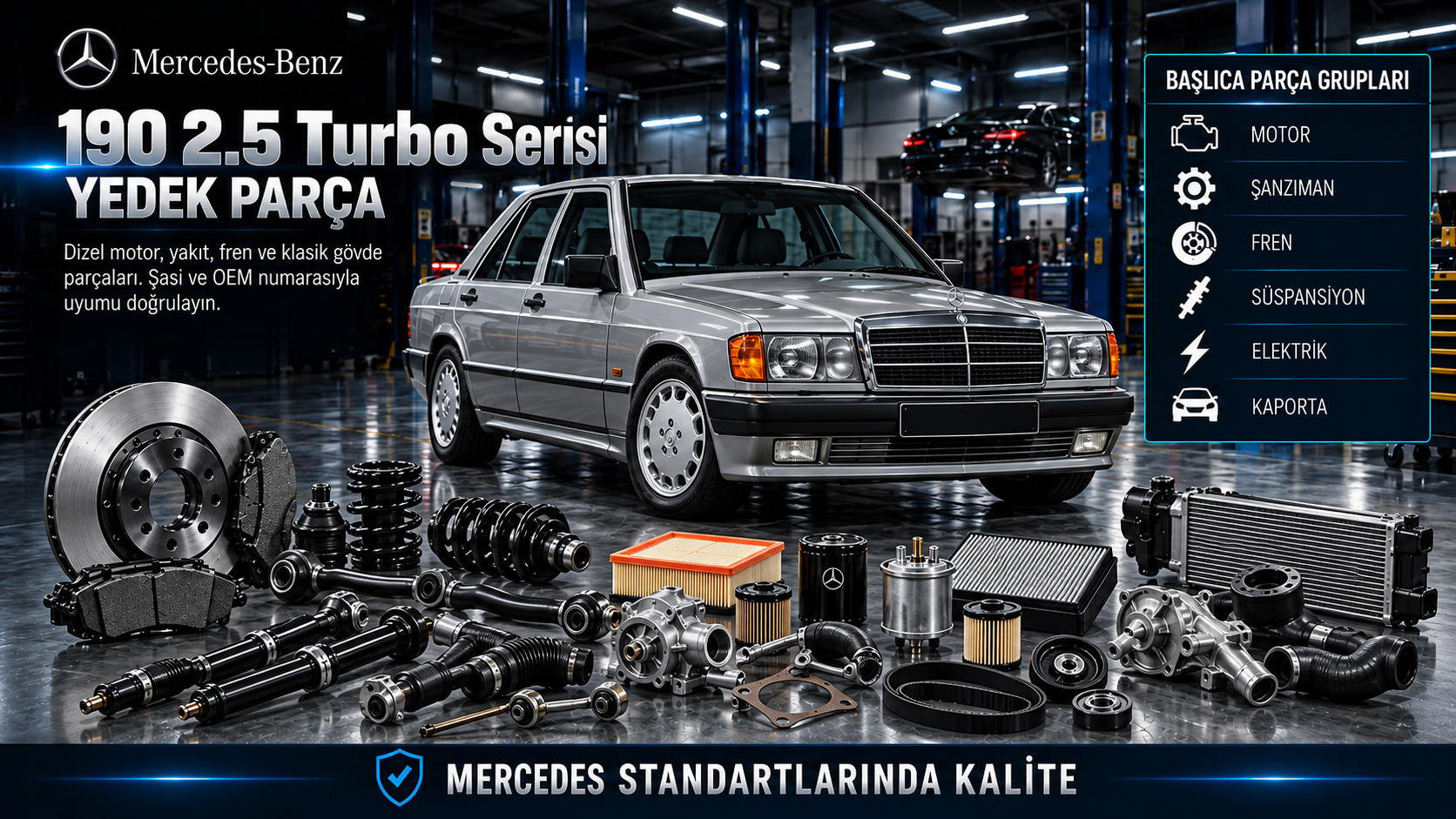 Mercedes 190 2.5 Turbo klasik sedan için dizel motor, turbo, yakıt, fren ve süspansiyon parçaları