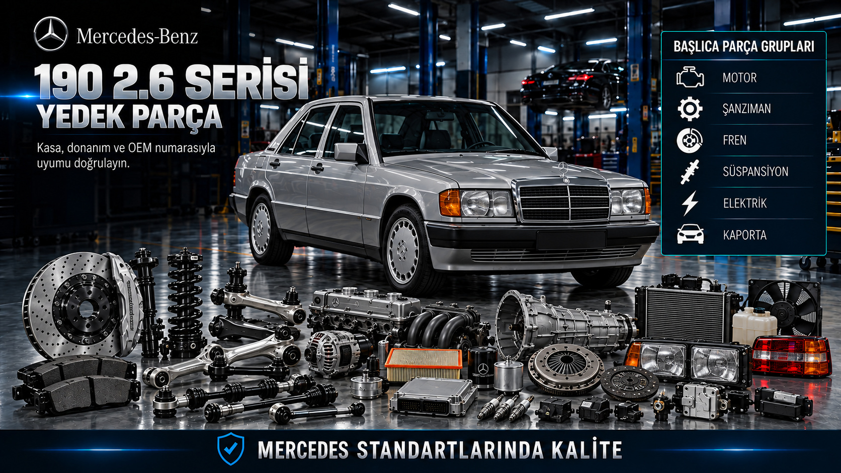 Mercedes 190 2.6 klasik sedan motor, ateşleme, yakıt, fren ve gövde parçaları