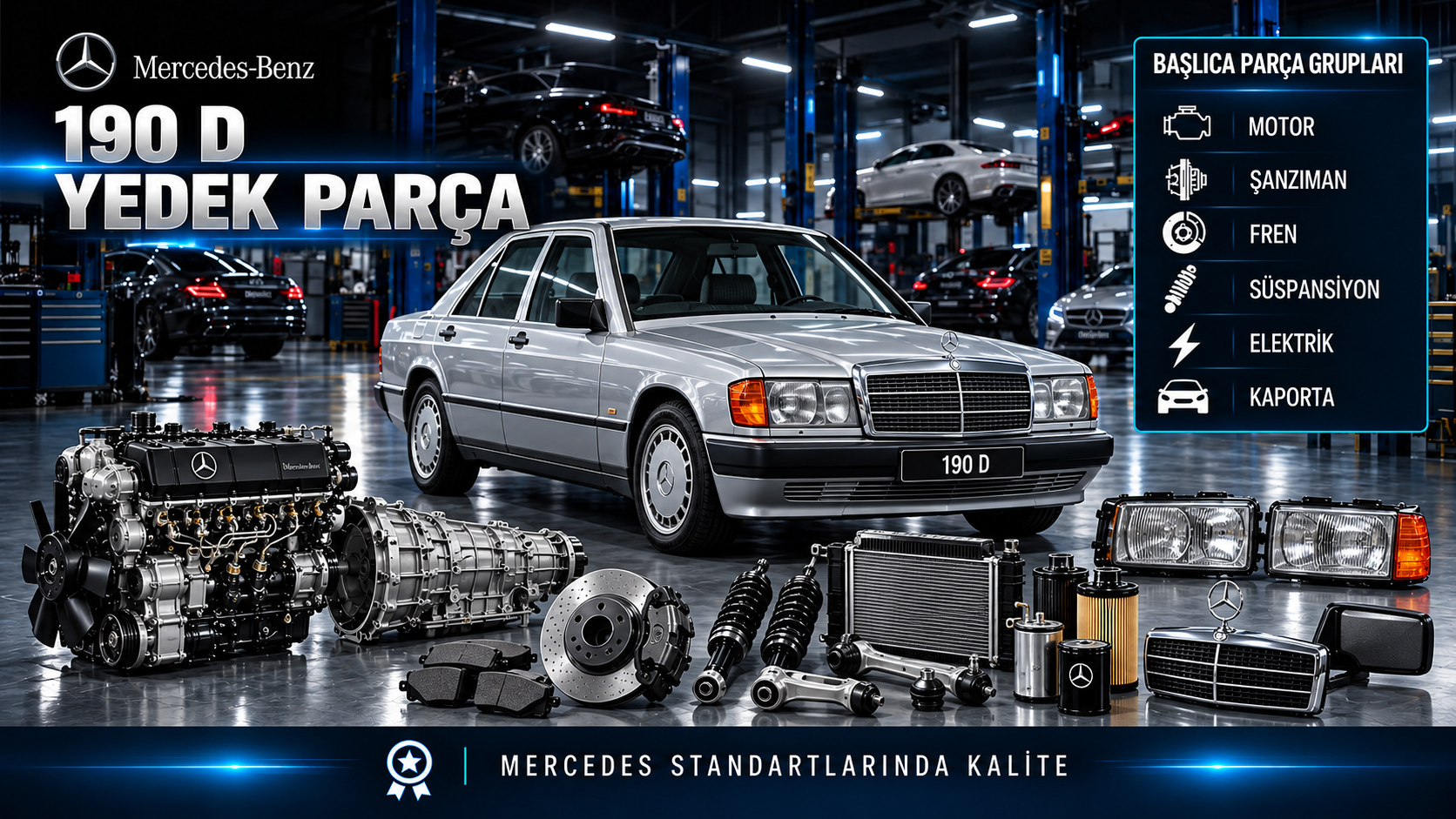 Mercedes 190 D için kategoriye uygun tahrik, bakım, fren, süspansiyon ve gövde parçaları