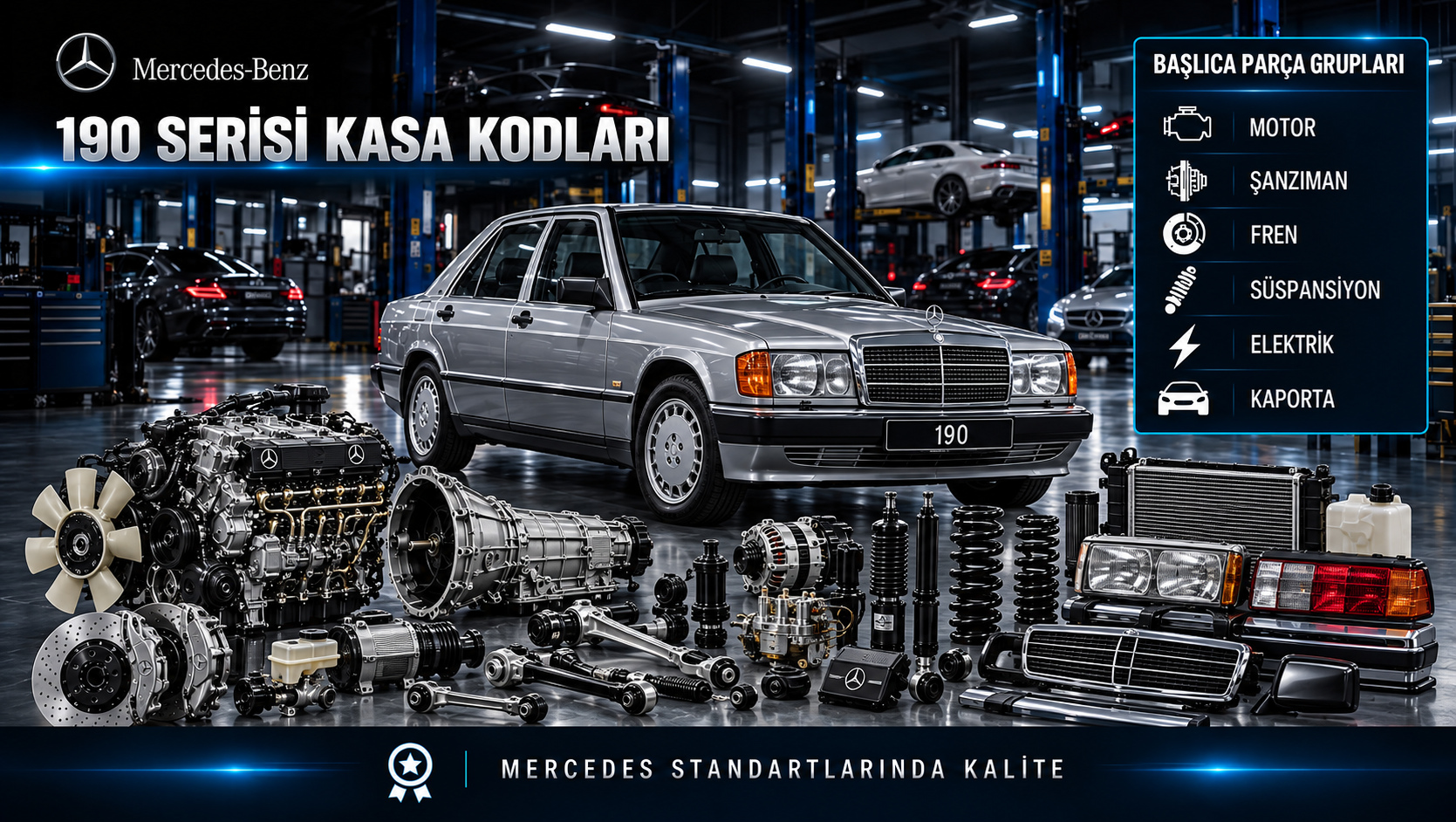 Mercedes 190 Serisi için kasa seçimi, motor, bakım, fren, süspansiyon ve sedan parçaları