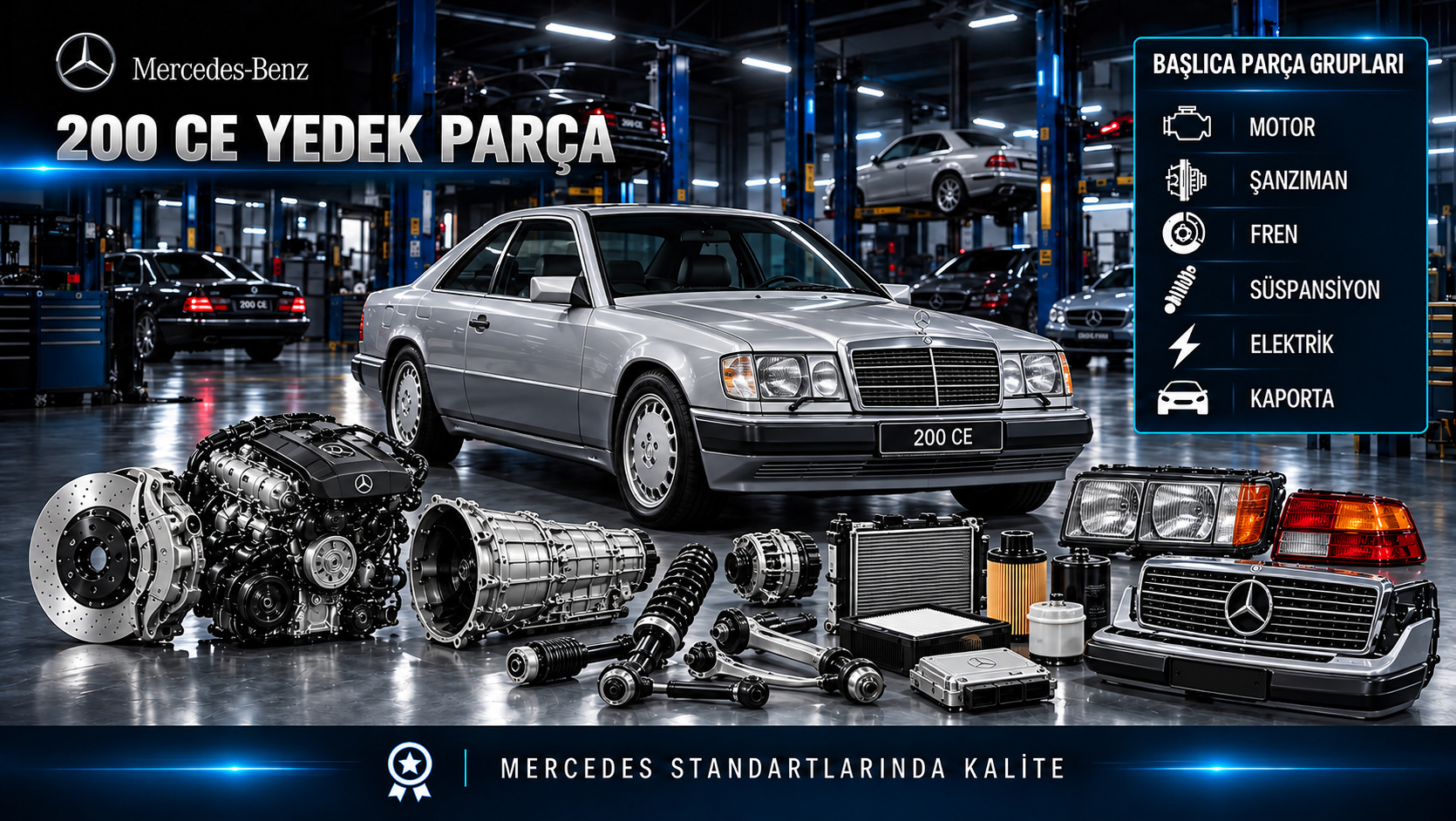 Mercedes-Benz 200 CE coupe için motor, bakım, fren, süspansiyon ve gövde yedek parçaları