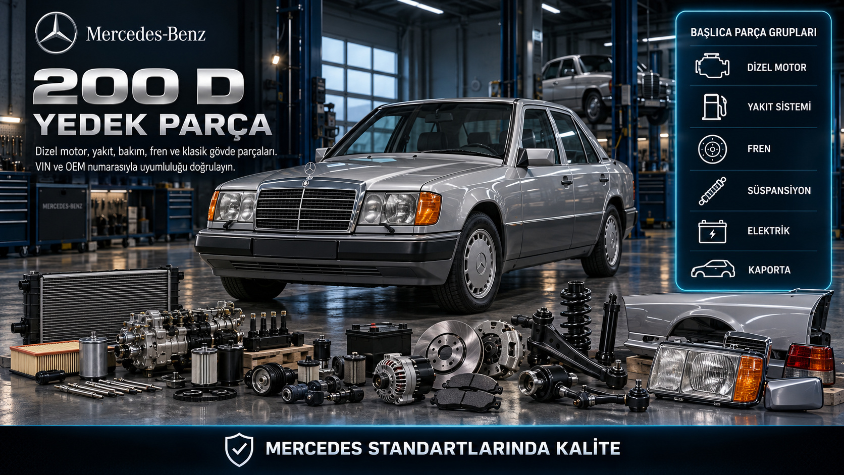 Mercedes-Benz 200 D dizel motor, yakıt, bakım, fren ve klasik gövde parçaları