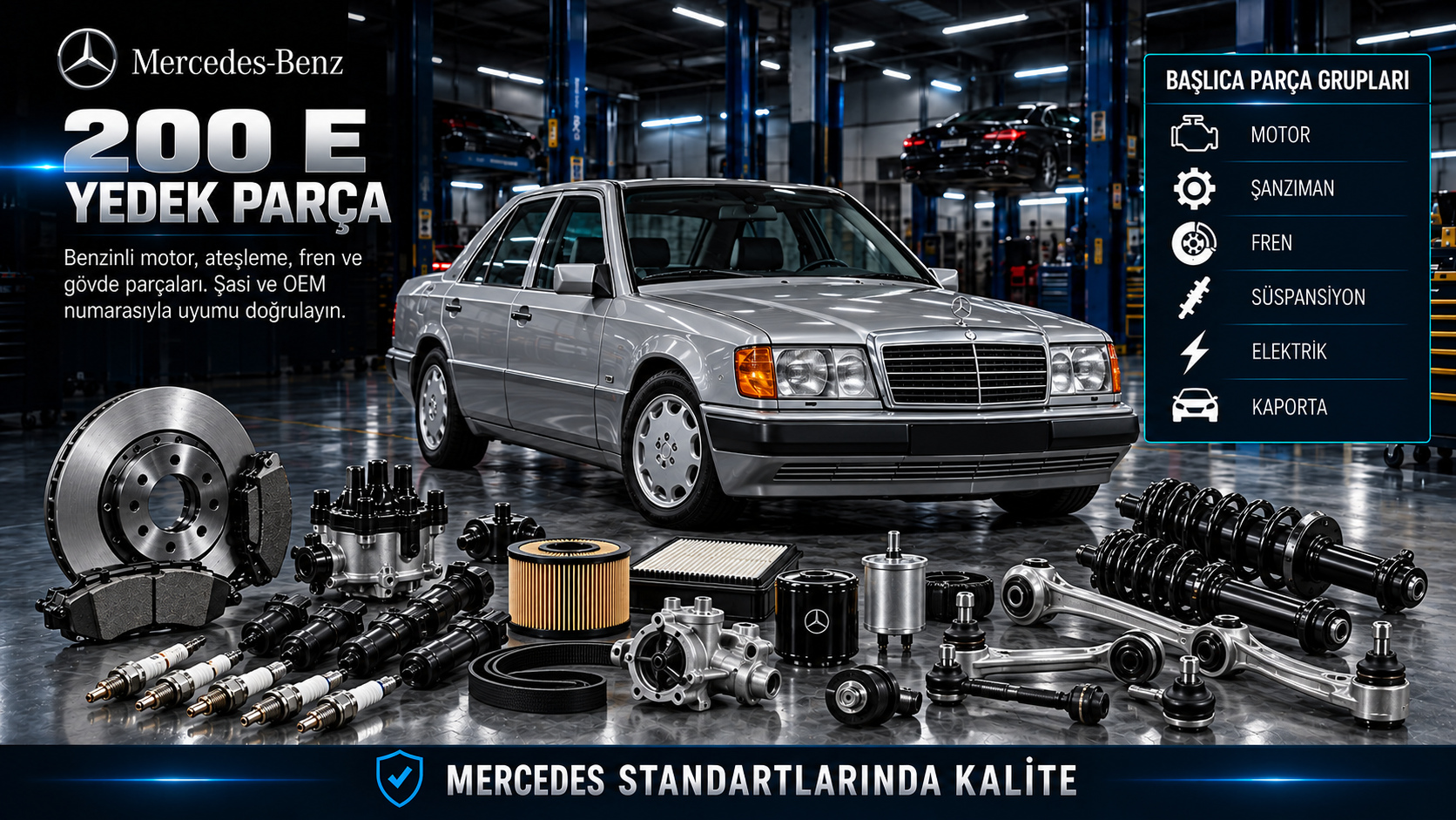 Mercedes 200 E klasik sedan için benzinli motor, ateşleme, filtre, fren ve gövde parçaları