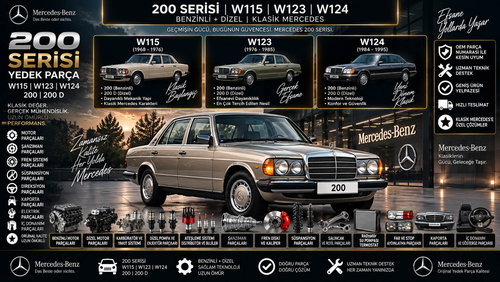 Mercedes 200 Serisi Yedek Parça Mercedes 200 Serisi yedek parça W115 W123 W124 benzinli 200 ve 200 D motor fren süspansiyon şanzıman kaporta parçaları