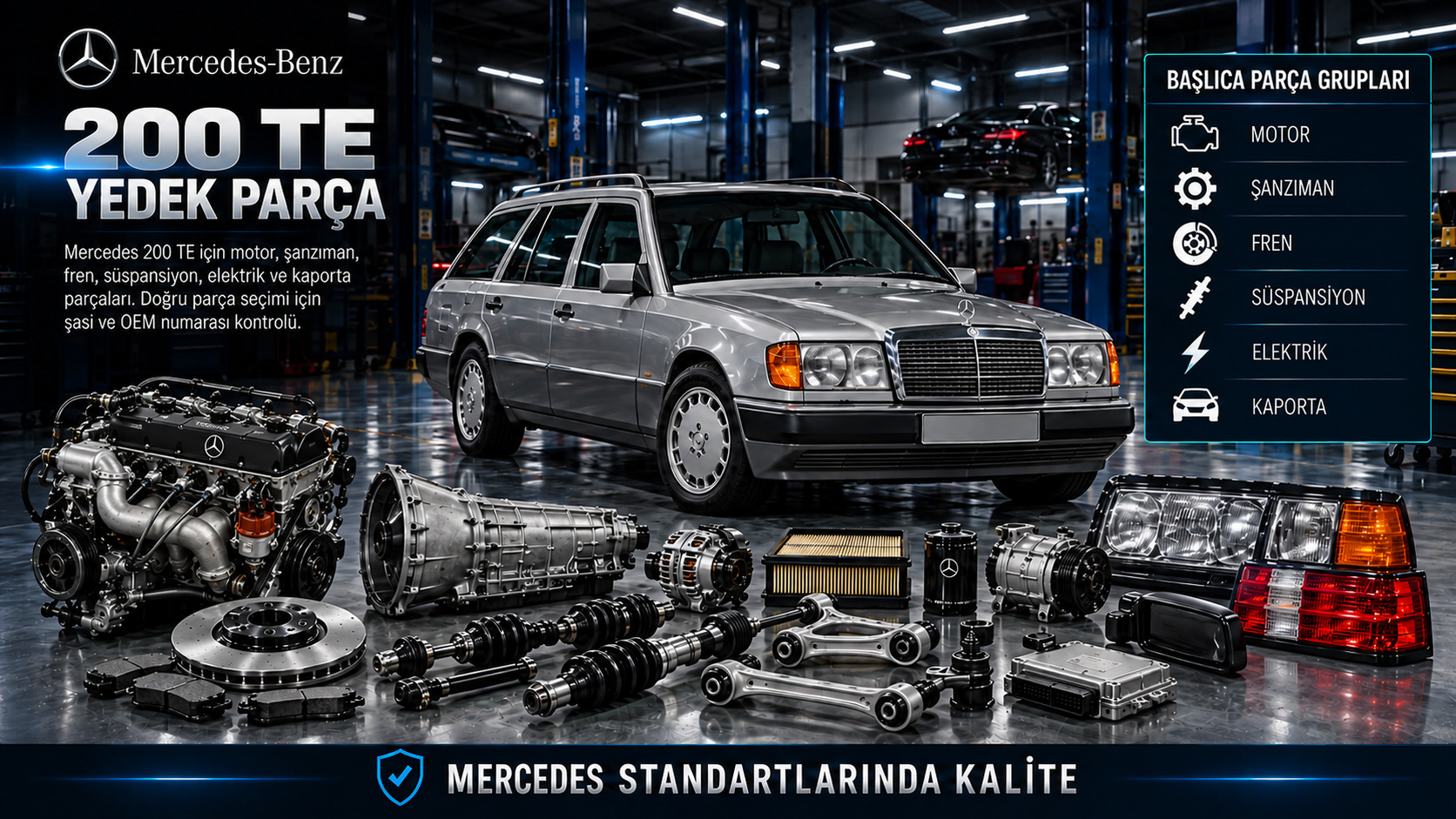 Mercedes 200 TE station wagon motor bakım bagaj ve süspansiyon parçaları
