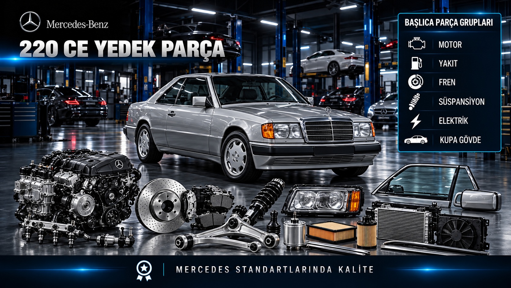 Mercedes-Benz 220 CE coupe için motor, bakım, kaporta ve klasik araç parçalarını gösteren kategori bannerı