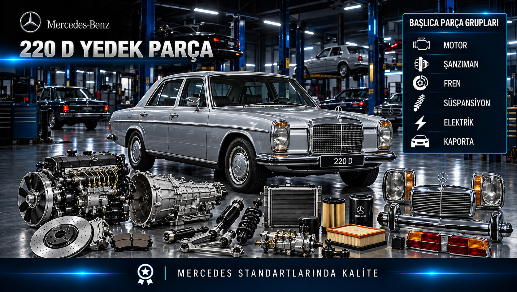Mercedes-Benz 220 D dizel için motor, yakıt, filtre, fren ve yürüyen aksam parçaları