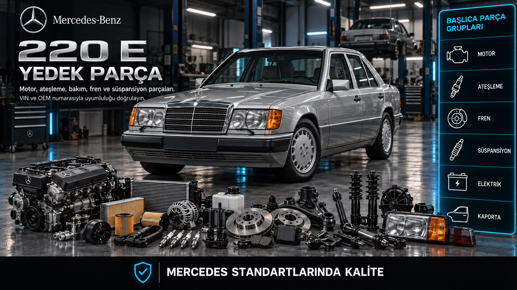 Mercedes-Benz 220 E motor, ateşleme, bakım, fren ve süspansiyon parçaları