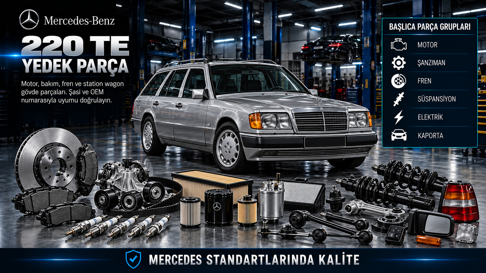 Mercedes 220 TE station wagon için motor, bakım, arka süspansiyon, fren ve bagaj parçaları