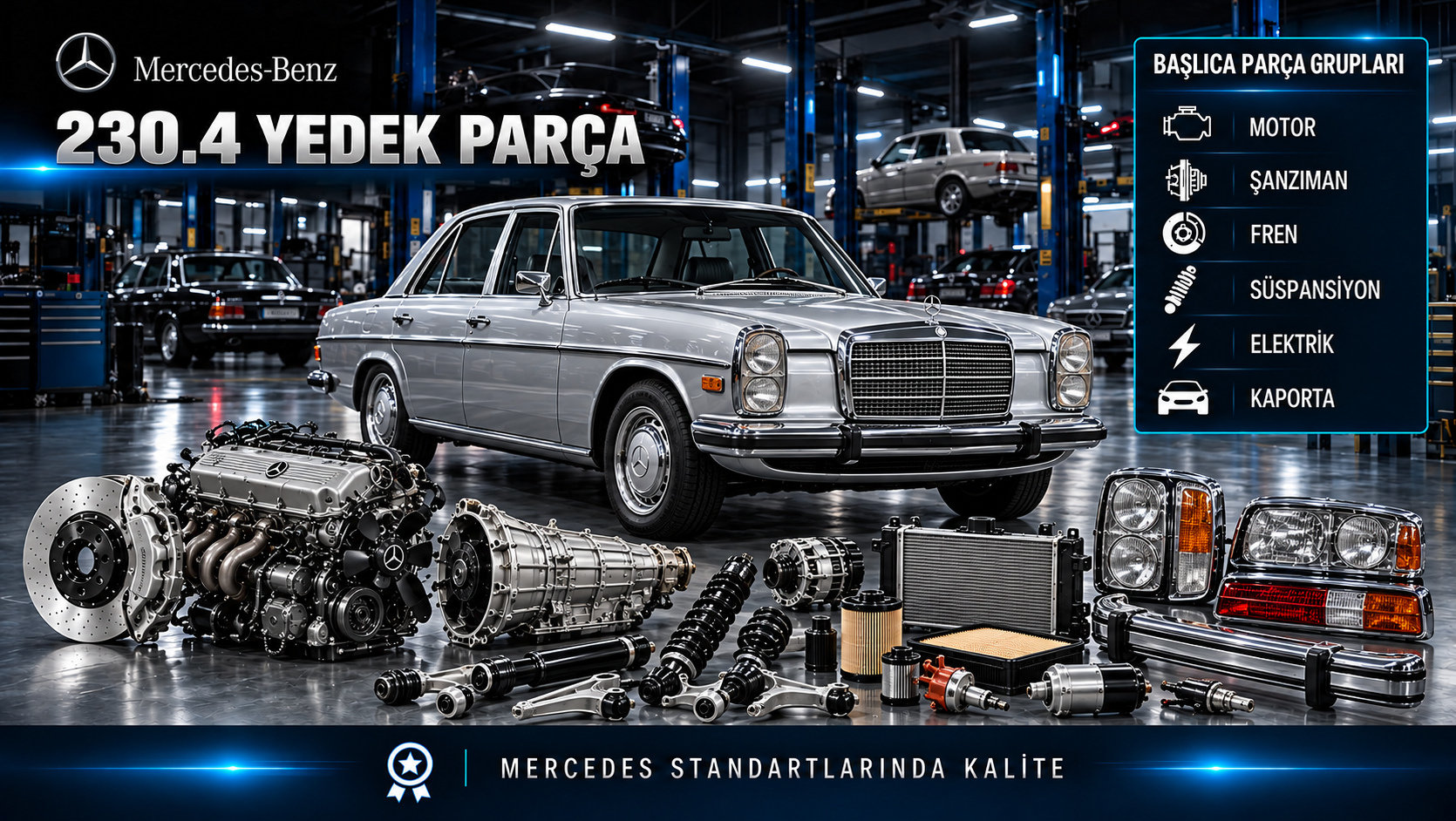 Mercedes-Benz 230.4 klasik otomobil için motor, ateşleme, bakım, fren ve gövde parçaları
