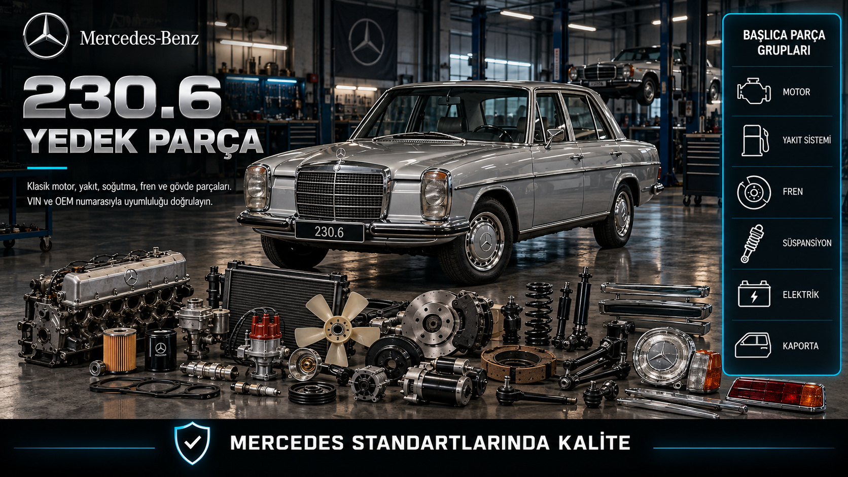 Mercedes-Benz 230.6 klasik motor, yakıt, soğutma, fren ve gövde parçaları