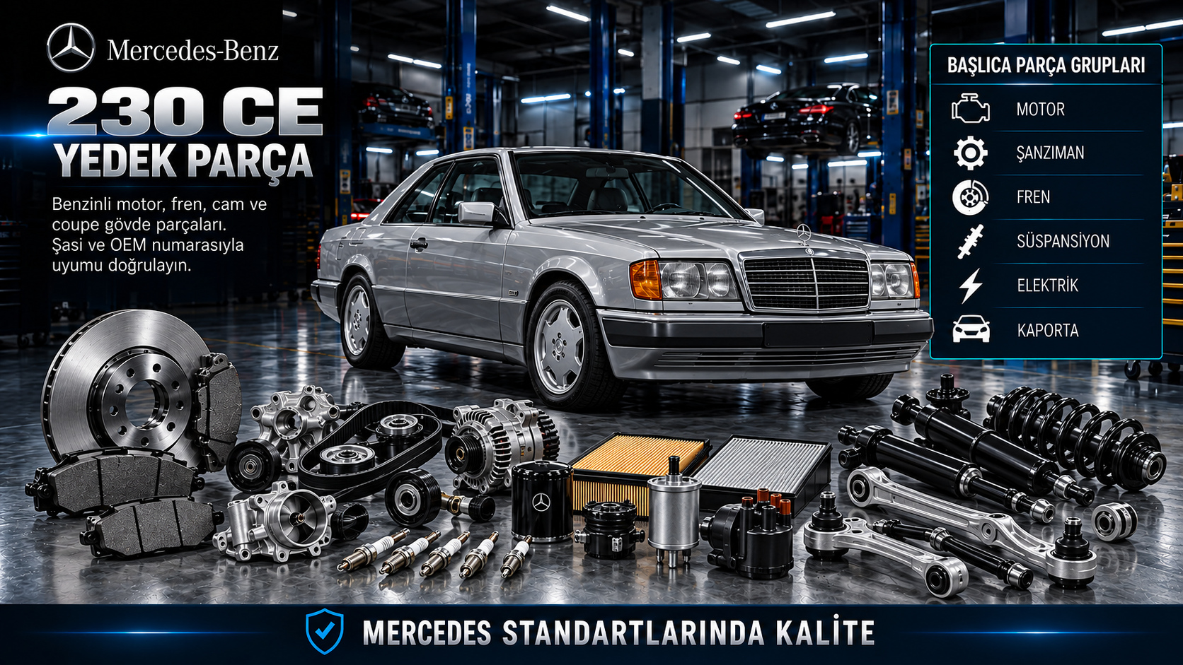 Mercedes 230 CE coupe için benzinli motor, ateşleme, fren, kapı camı ve fitil parçaları