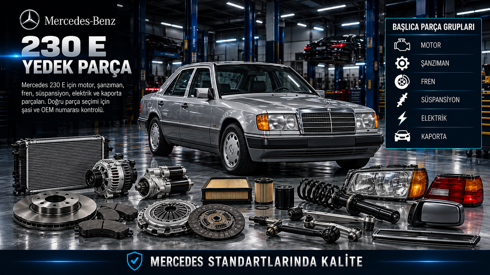 Mercedes 230 E klasik motor ateşleme fren ve bakım parçaları