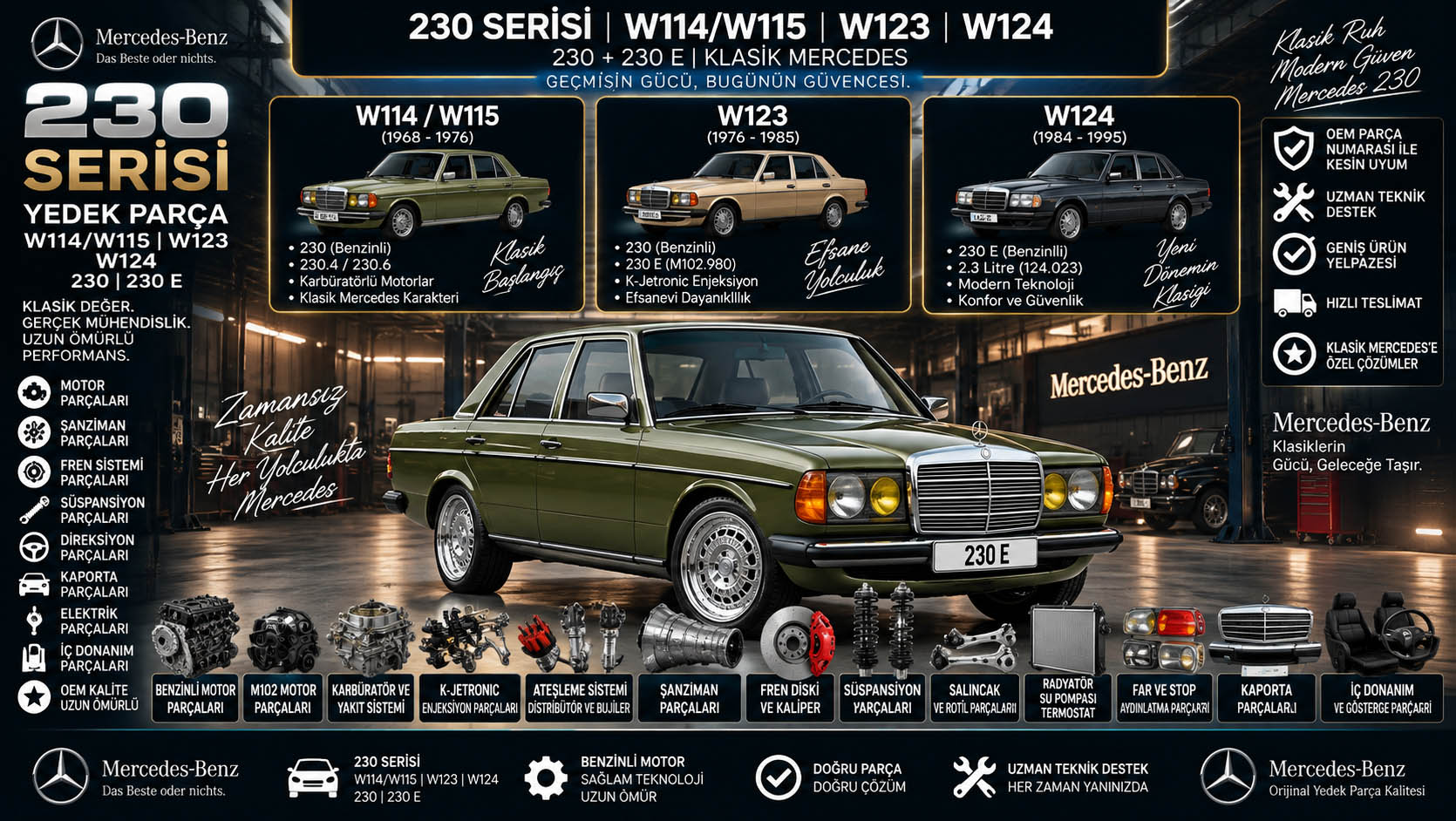 Mercedes 230 Serisi yedek parça W114 W115 W123 W124 230 230 E motor fren süspansiyon şanzıman ve kaporta parçaları