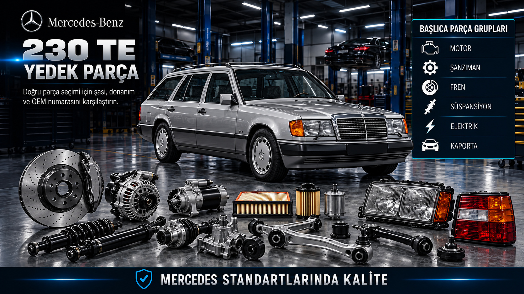 Mercedes 230 TE station wagon motor, aktarma, arka süspansiyon ve bagaj parçaları