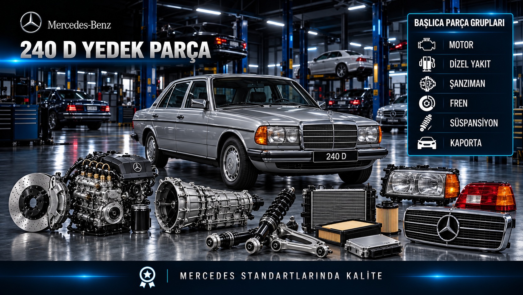 Mercedes-Benz 240 D dizel model için motor, yakıt, bakım ve klasik araç parçalarını gösteren kategori bannerı