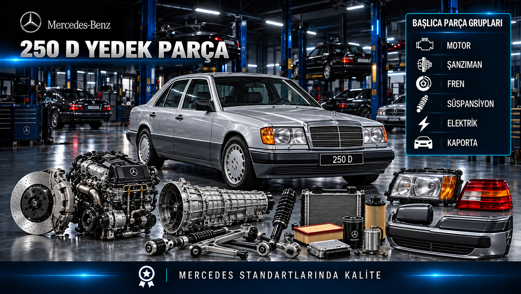 Mercedes-Benz 250 D dizel motor, filtre, kızdırma, soğutma ve yürüyen aksam yedek parçaları