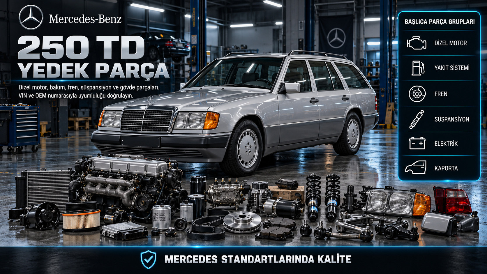 Mercedes-Benz 250 TD dizel motor, bakım, fren, süspansiyon ve gövde parçaları