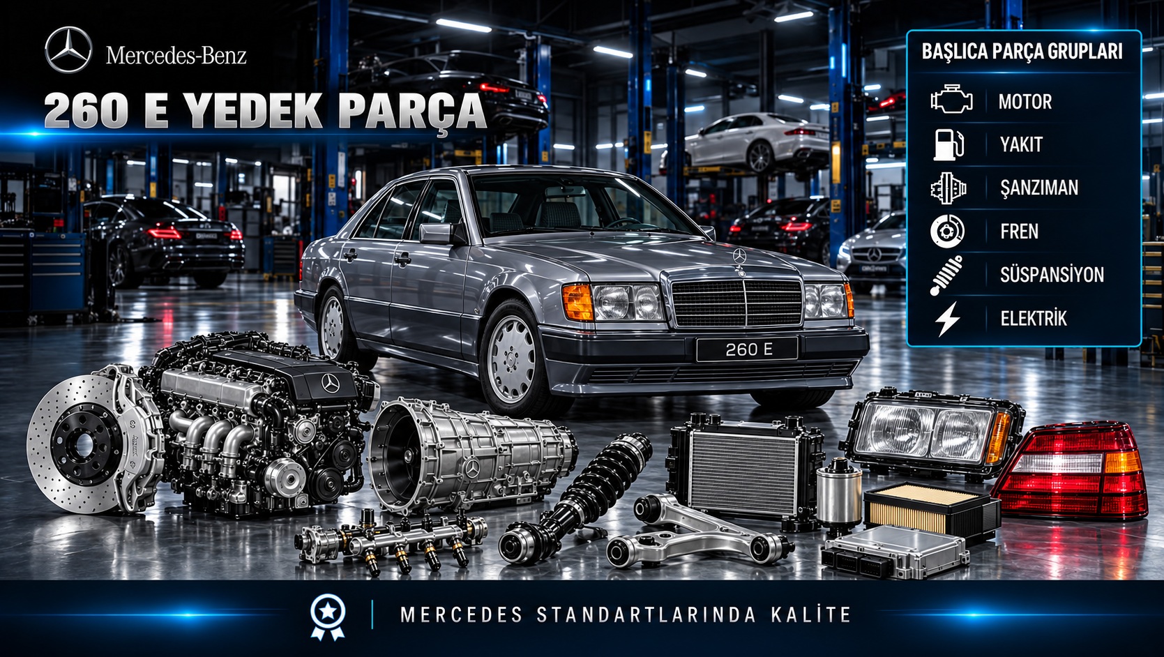 Mercedes-Benz 260 E için motor, bakım, fren ve klasik sedan yedek parçalarını gösteren kategori bannerı