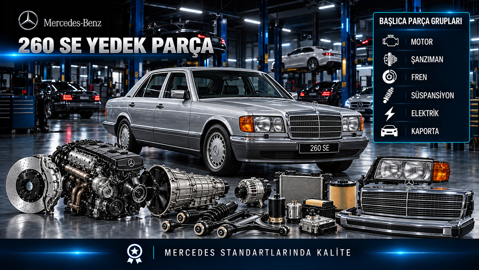 Mercedes-Benz 260 SE sedan için motor, bakım, fren, süspansiyon ve konfor parçaları