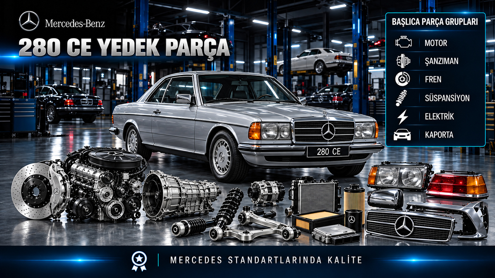 Mercedes-Benz 280 CE coupe motor, bakım, fren, süspansiyon ve kaporta parçaları