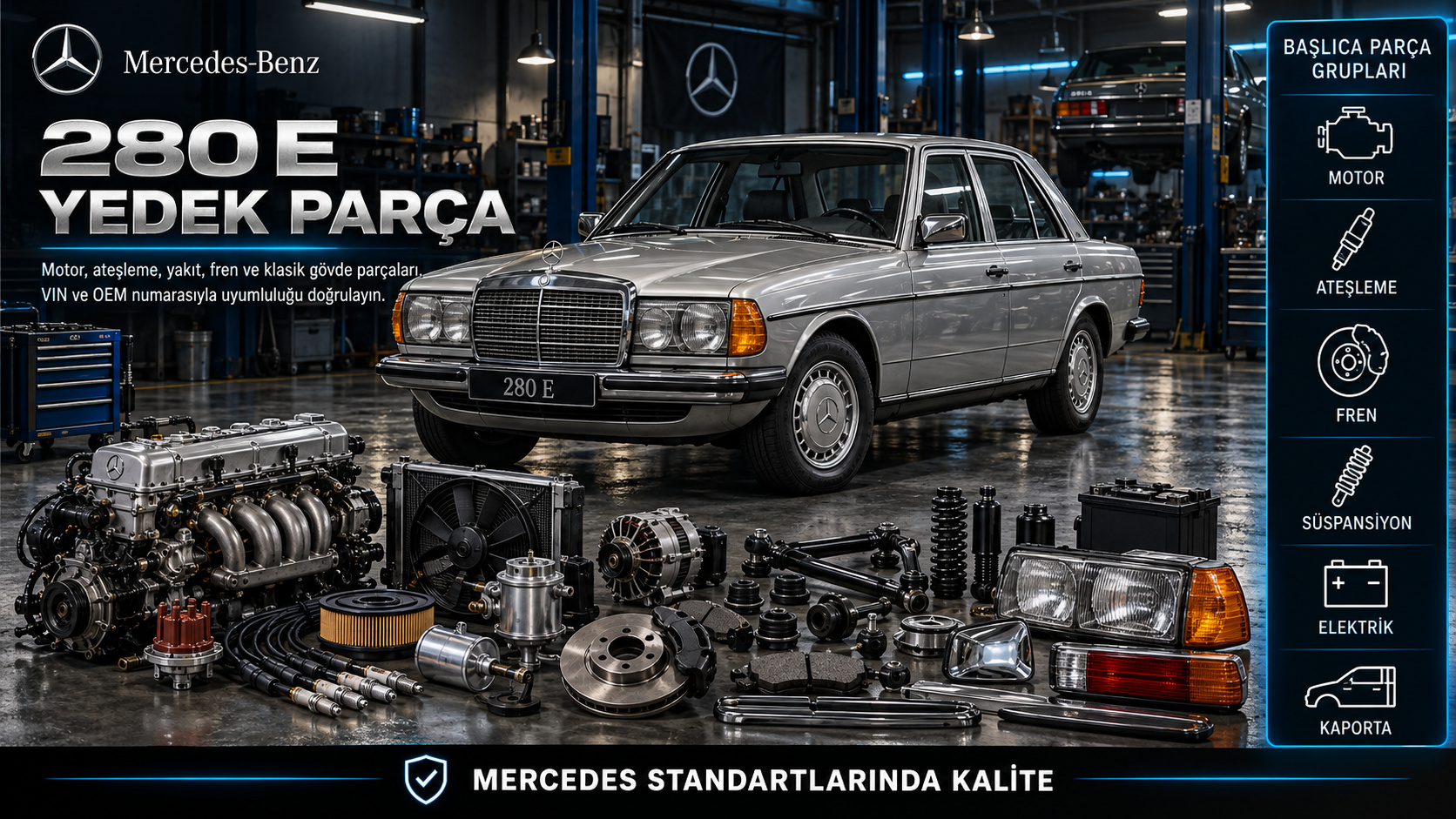 Mercedes-Benz 280 E motor, ateşleme, yakıt, fren ve klasik gövde parçaları