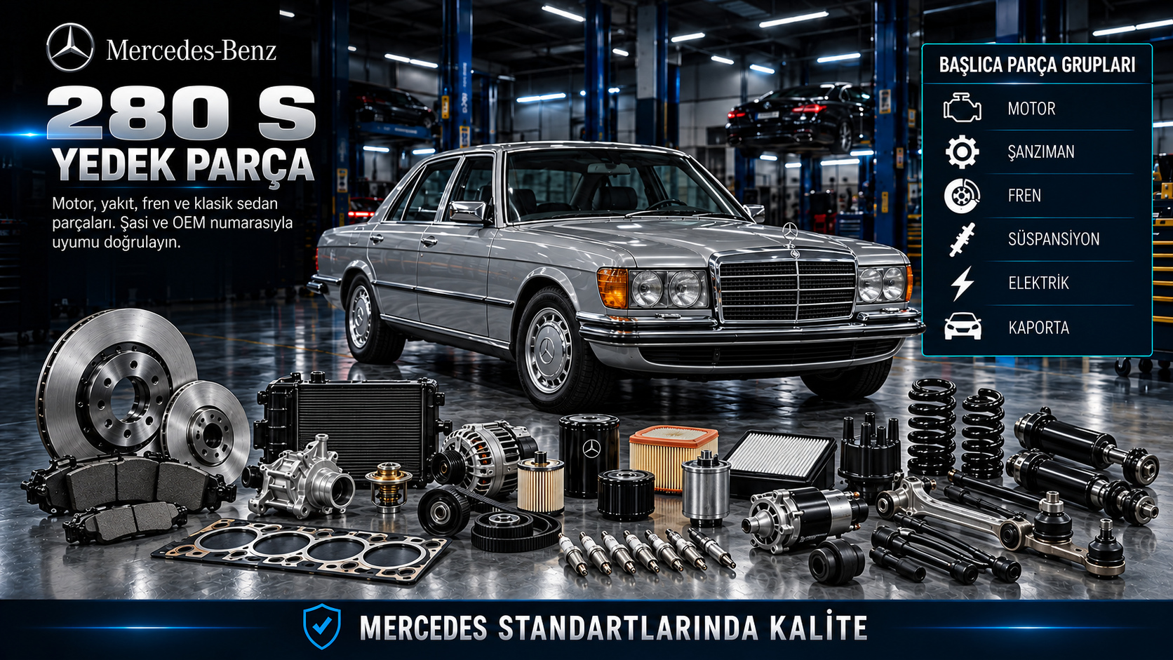 Mercedes 280 S klasik sedan için motor, karbüratör, ateşleme, fren ve süspansiyon parçaları