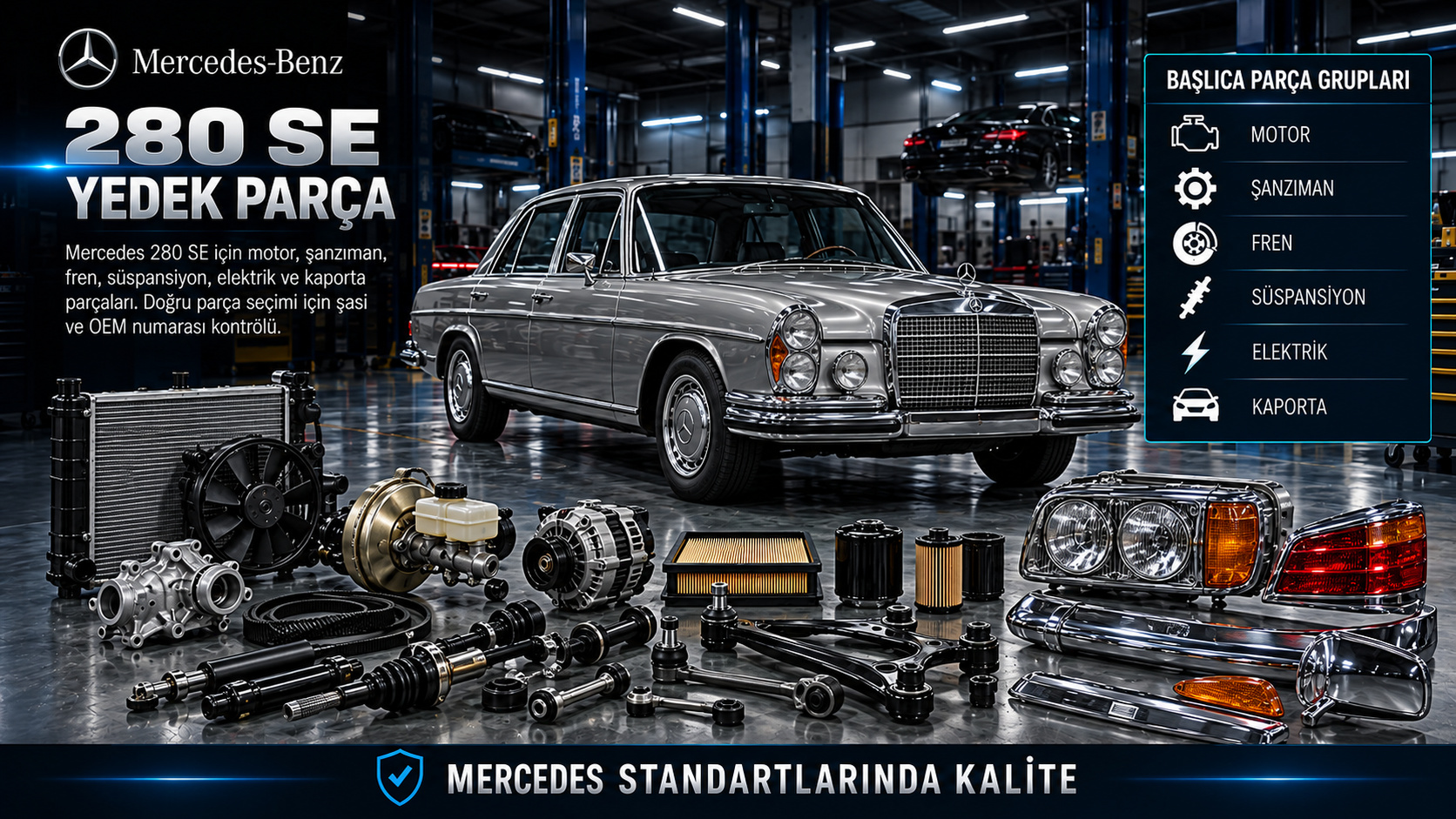 Mercedes 280 SE klasik motor fren süspansiyon ve gövde parçaları