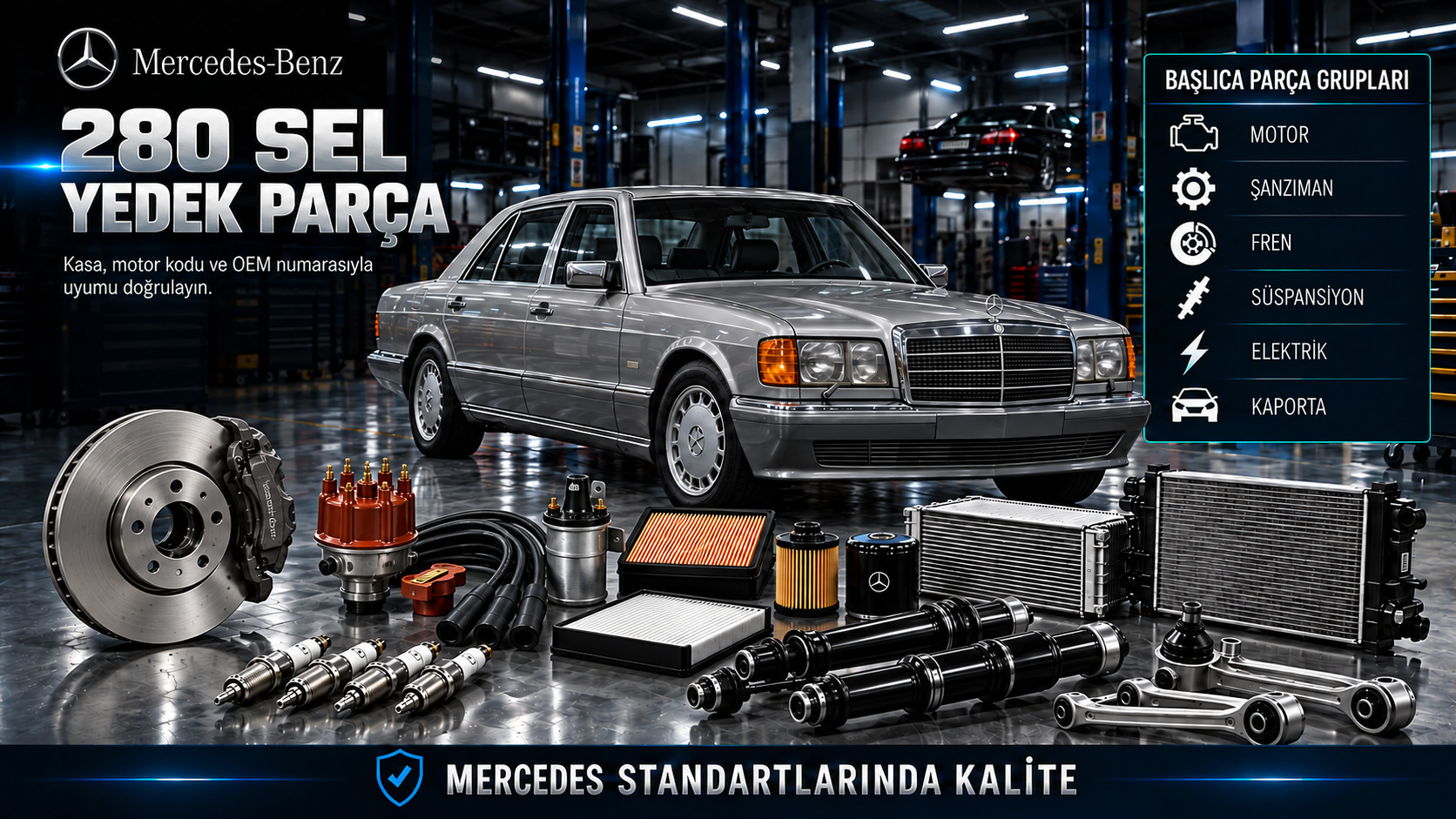 Mercedes 280 SEL klasik sedan motor, aktarma, fren, süspansiyon ve uzun gövde parçaları