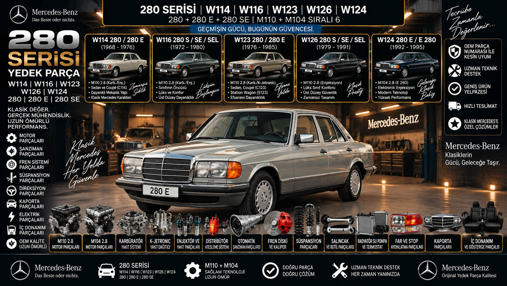Mercedes 280 Serisi Yedek Parça Mercedes 280 Serisi yedek parça W114 W116 W123 W126 W124 M110 M104 motor fren süspansiyon şanzıman ve kaporta parçaları