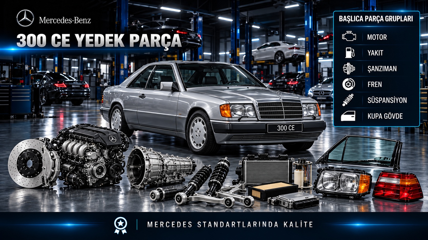 Mercedes-Benz 300 CE coupe için motor, bakım ve gövde parçalarını gösteren kategori bannerı