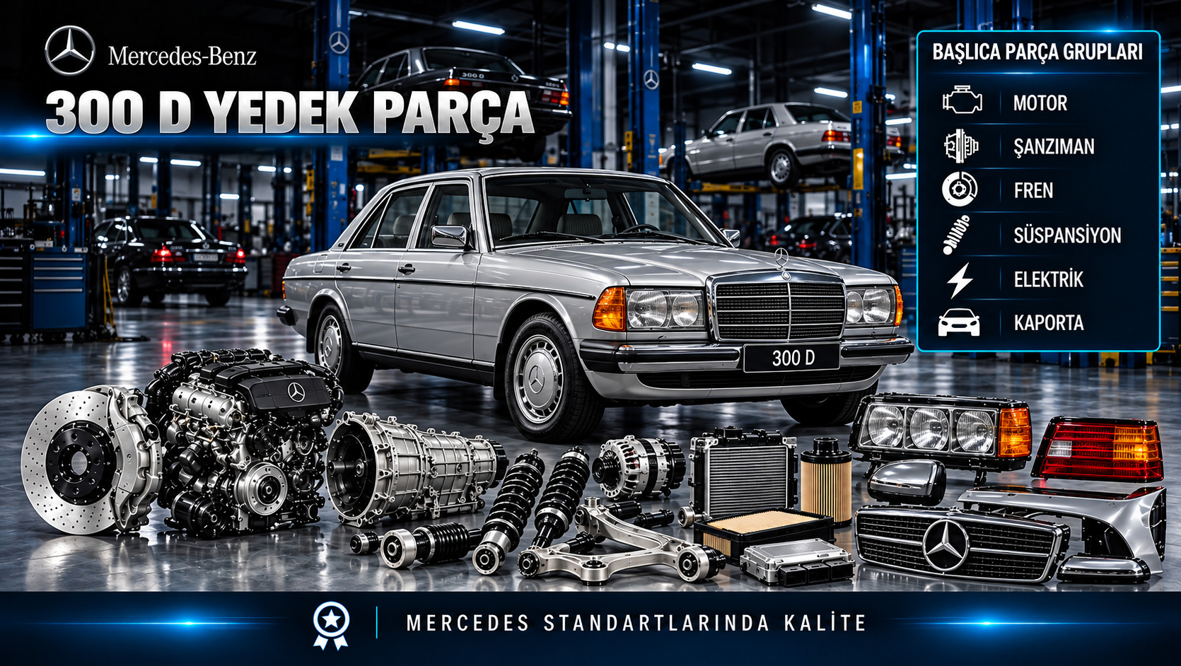 Mercedes-Benz 300 D dizel motor, bakım filtresi, yakıt, soğutma ve şasi parçaları