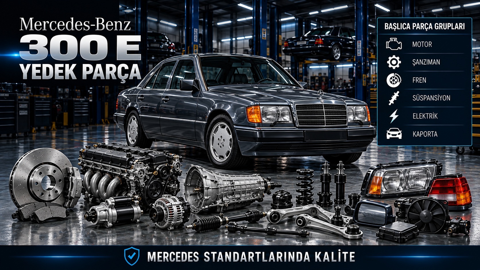 Mercedes-Benz 300 E motor, bakım, ateşleme, fren ve klasik sedan yedek parçaları