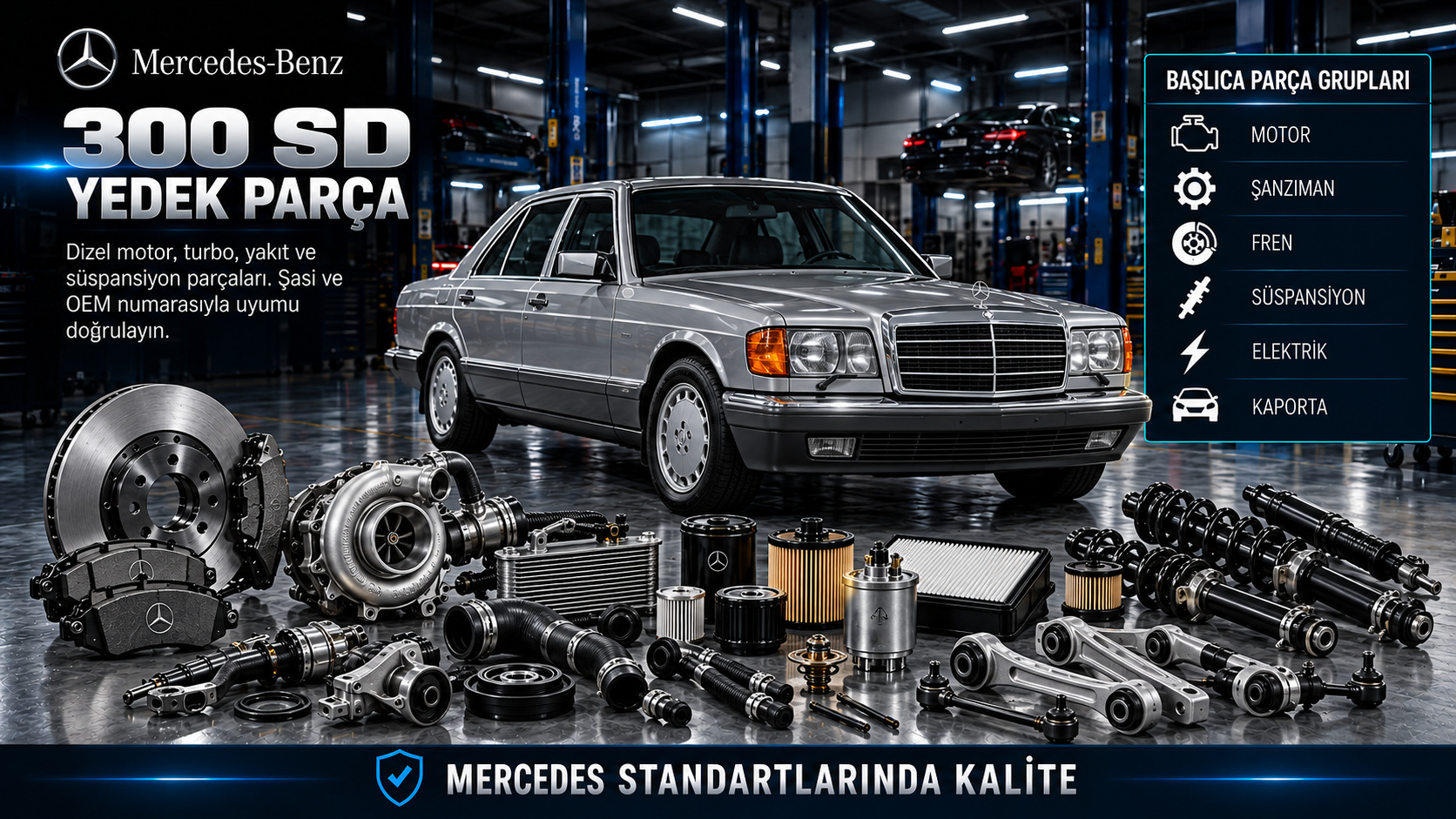 Mercedes 300 SD klasik dizel sedan için turbo, yakıt, kızdırma, fren ve süspansiyon parçaları