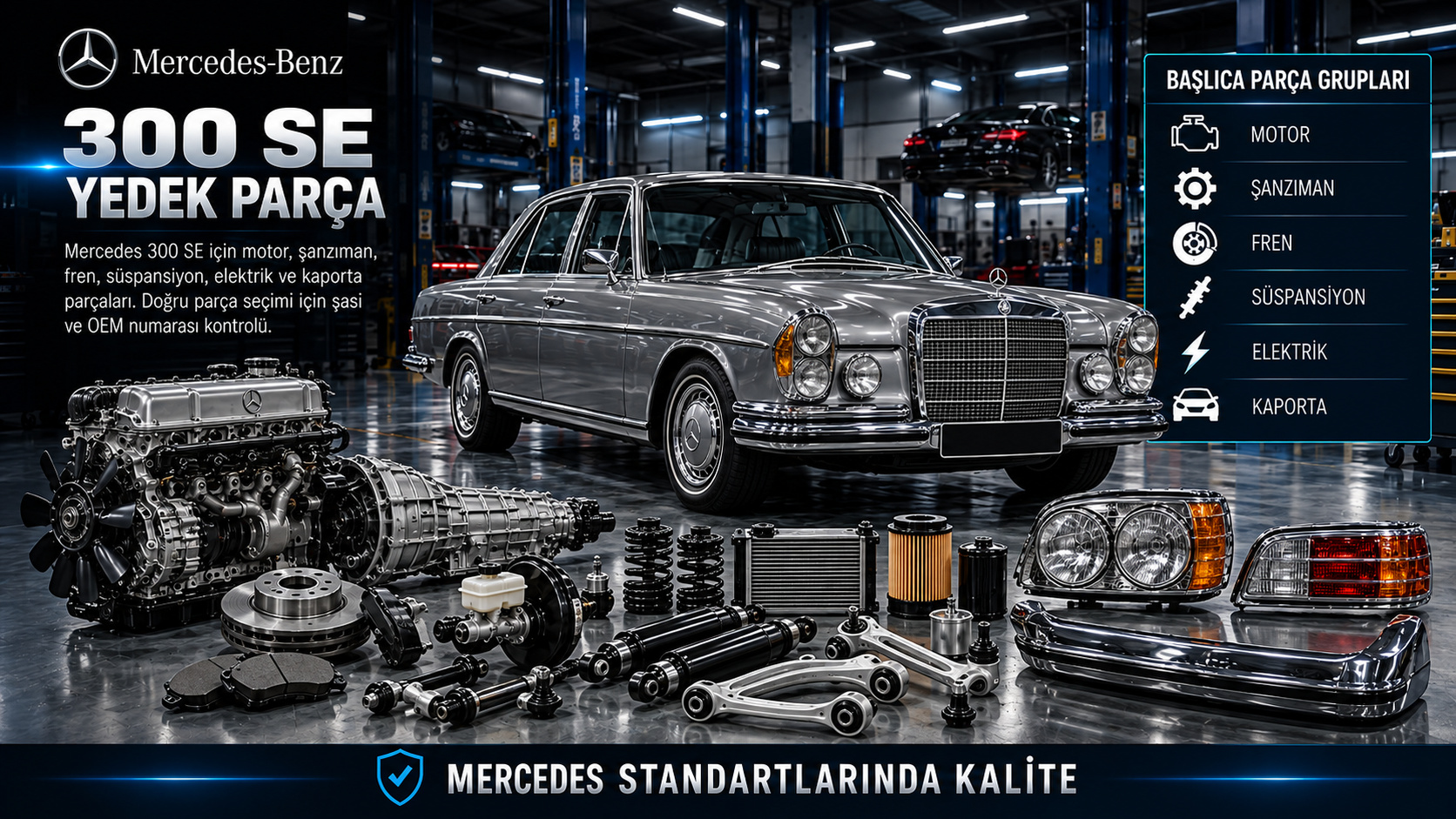 Mercedes 300 SE klasik motor bakım fren ve süspansiyon parçaları