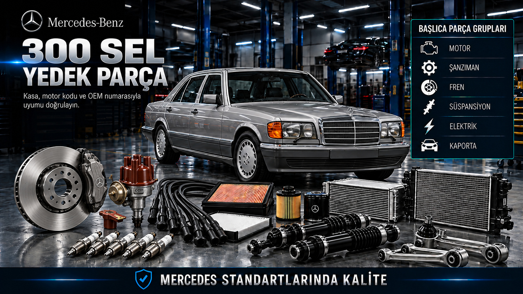 Mercedes 300 SEL klasik uzun sedan bakım, yakıt, fren, süspansiyon ve gövde parçaları