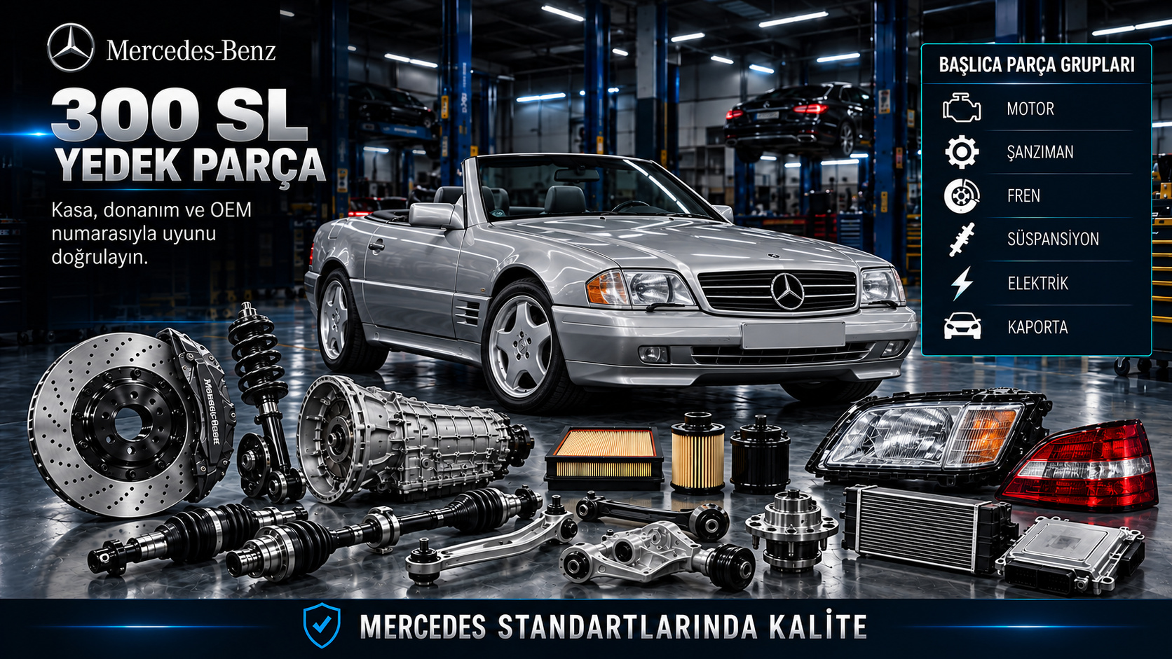 Mercedes 300 SL Yedek Parça kategori tanıtımı ve donanıma uygun ürün grupları