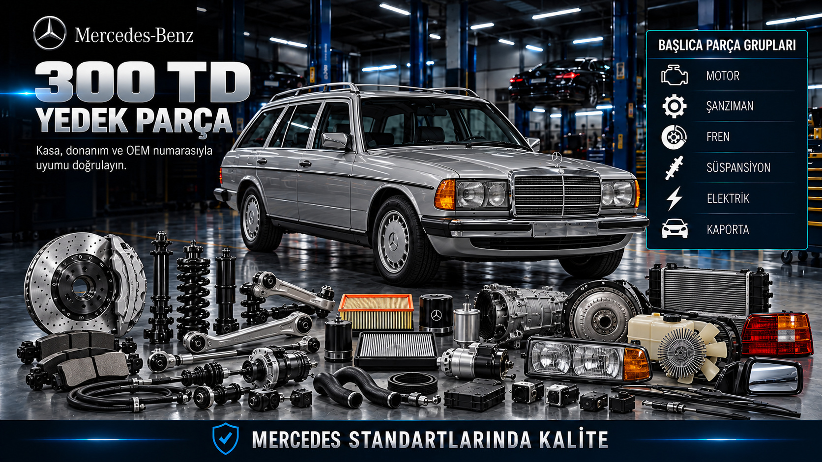 Mercedes 300 TD station wagon dizel motor, bagaj kapağı, süspansiyon ve gövde parçaları