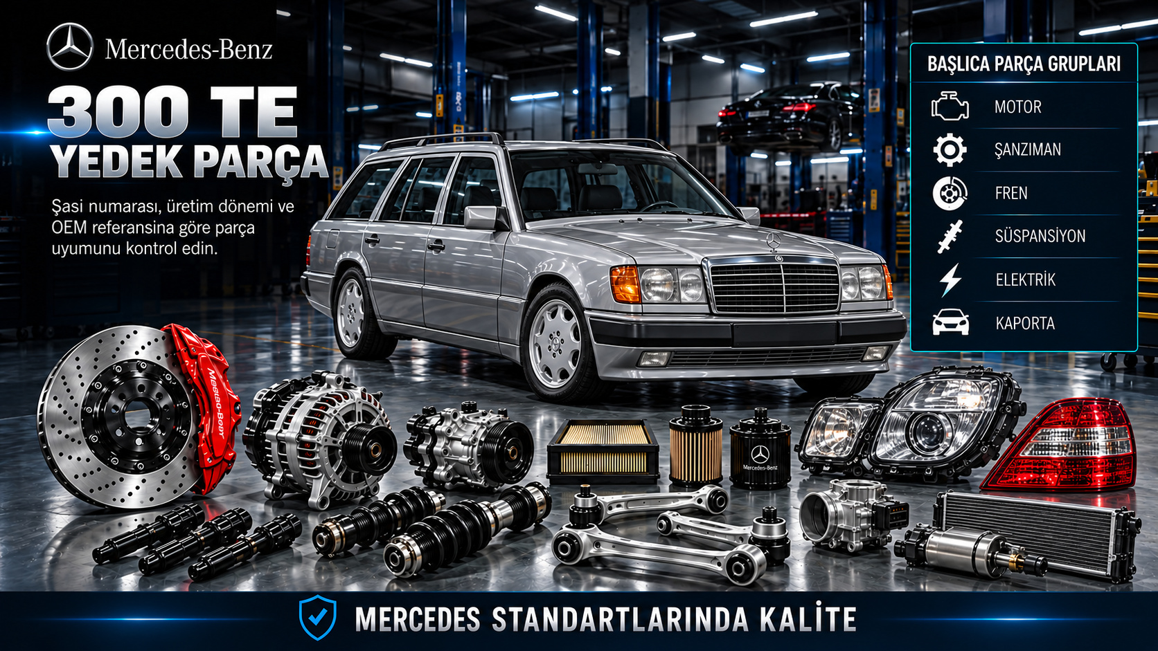 Mercedes 300 TE station wagon benzinli motor, şanzıman, arka süspansiyon ve gövde parçaları
