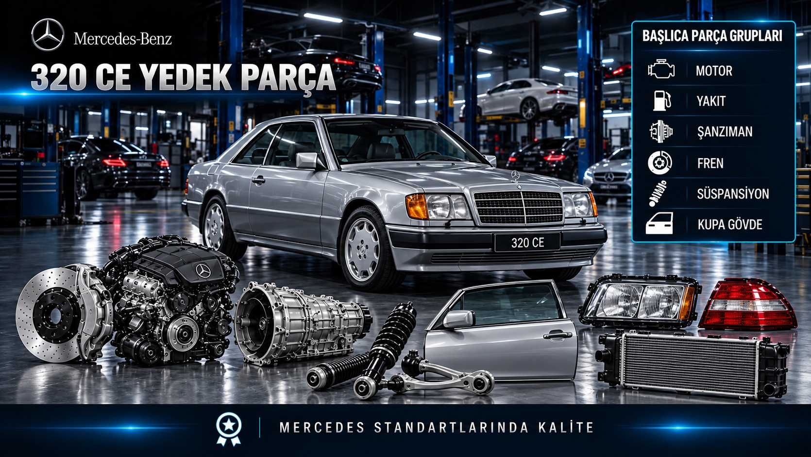 Mercedes-Benz 320 CE coupe için motor, bakım, fren ve gövde parçalarını gösteren kategori bannerı