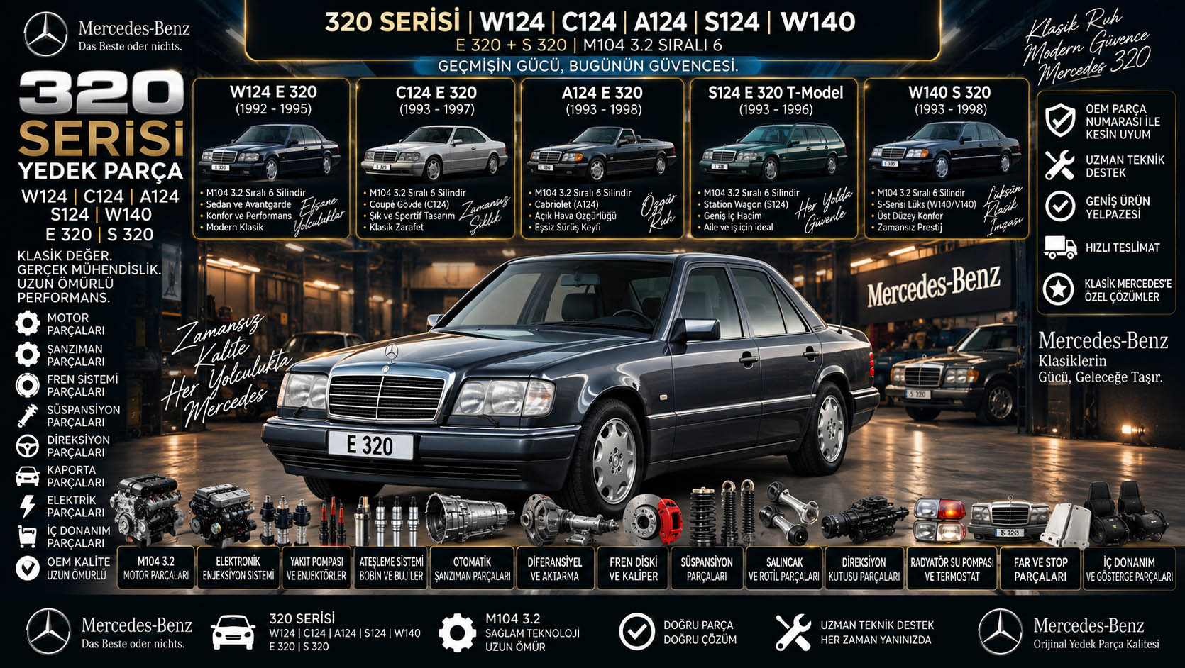 Mercedes 320 Serisi yedek parça W124 C124 A124 S124 W140 V140 E 320 S 320 M104 motor fren süspansiyon şanzıman ve kaporta parçaları