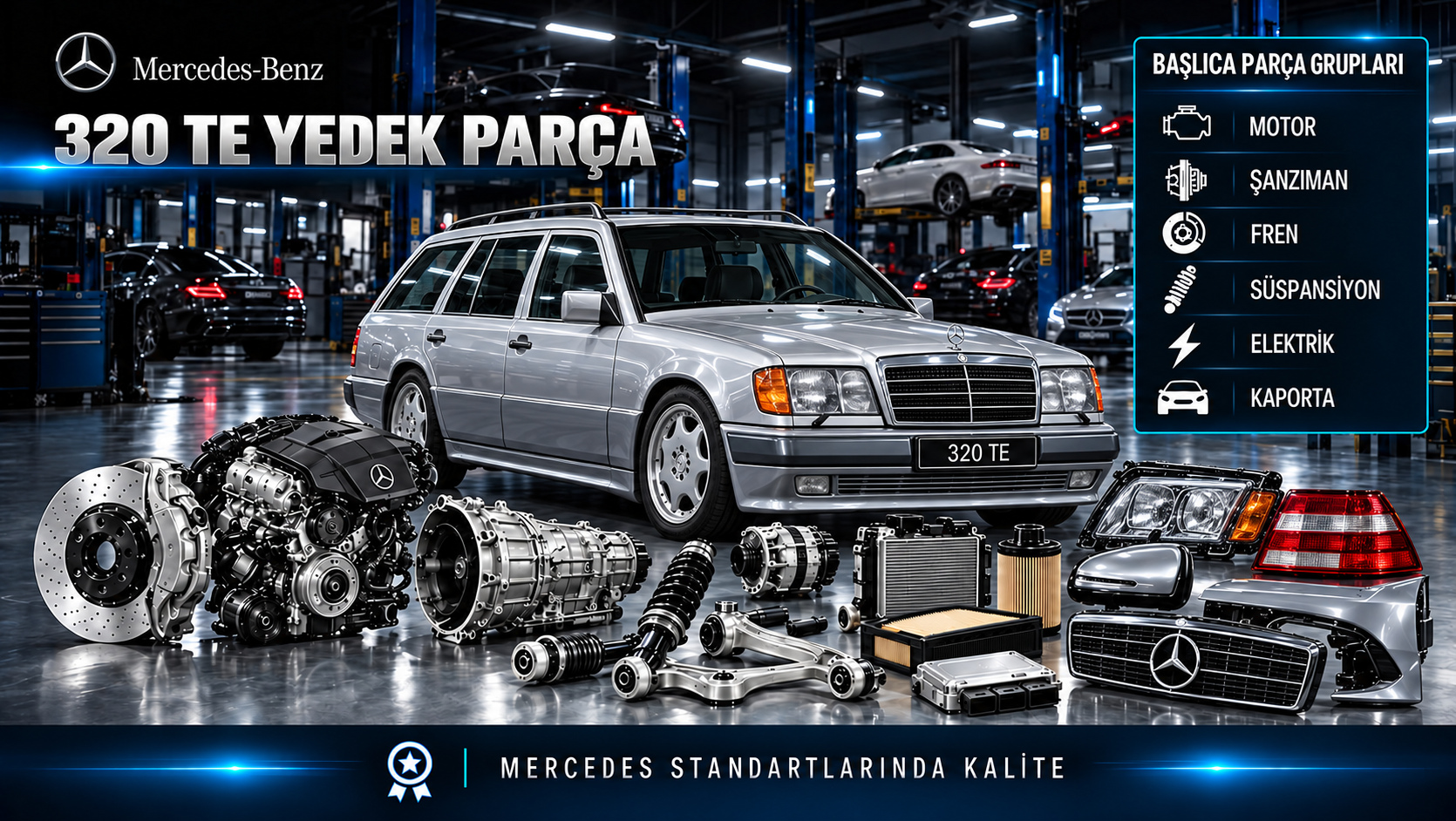 Mercedes-Benz 320 TE station wagon için motor, fren, arka süspansiyon ve bagaj parçaları