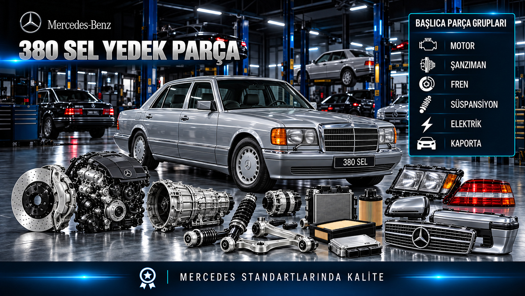 Mercedes-Benz 380 SEL uzun sedan için motor, bakım, fren, gövde ve konfor parçaları